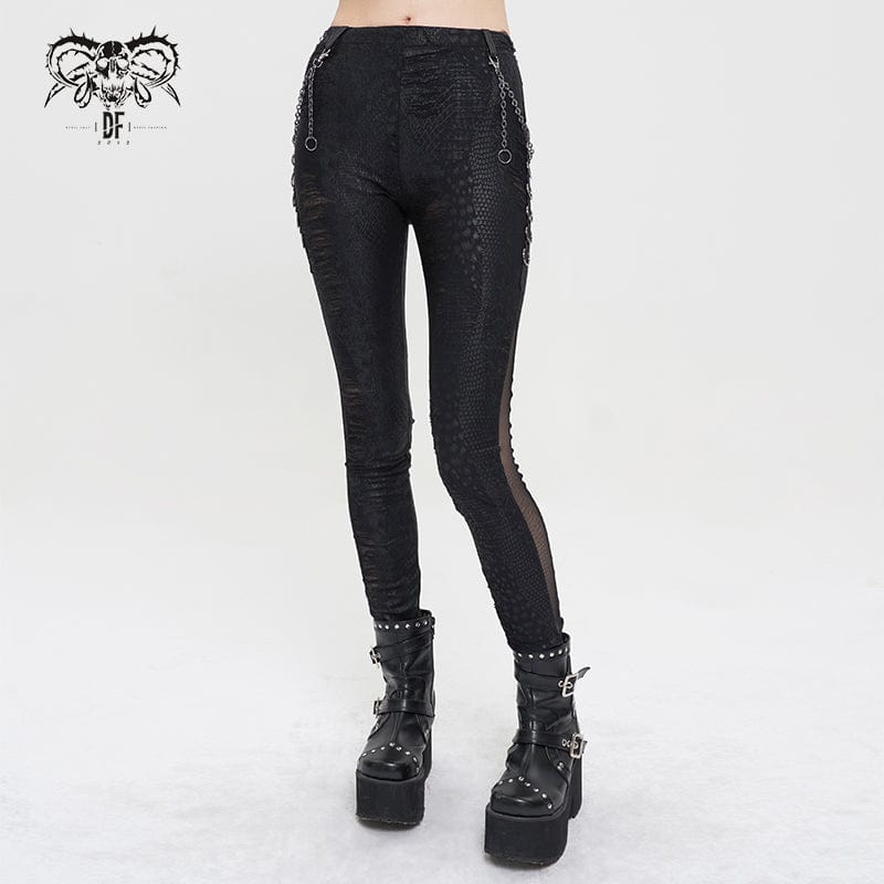 DEVIL FASHION Women's Gothic Metal Chain Ripped Leggings
