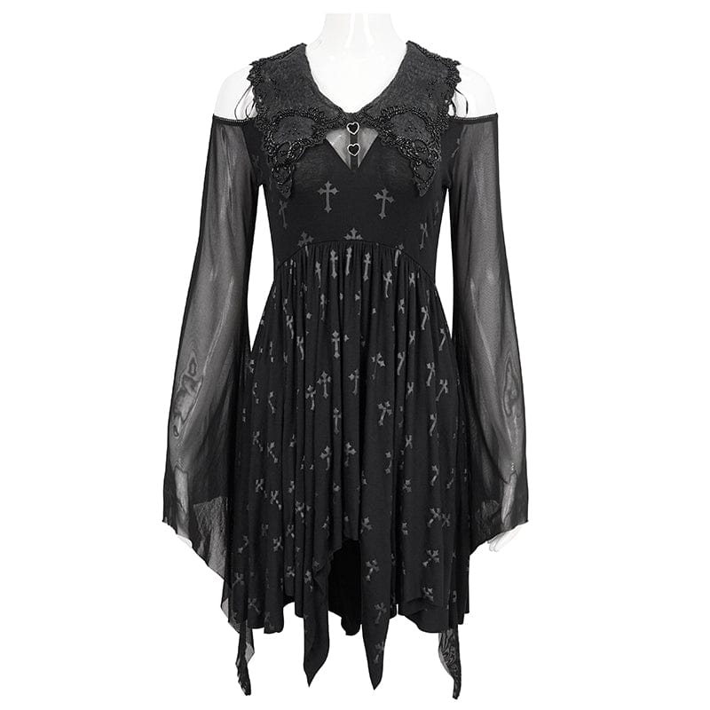 DEVIL FASHION Women's Gothic Off Shoulder Cross Printed Dress