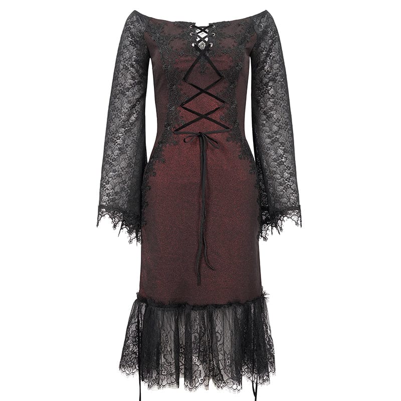 DEVIL FASHION Women's Gothic Off Shoulder Lace Splice Dress