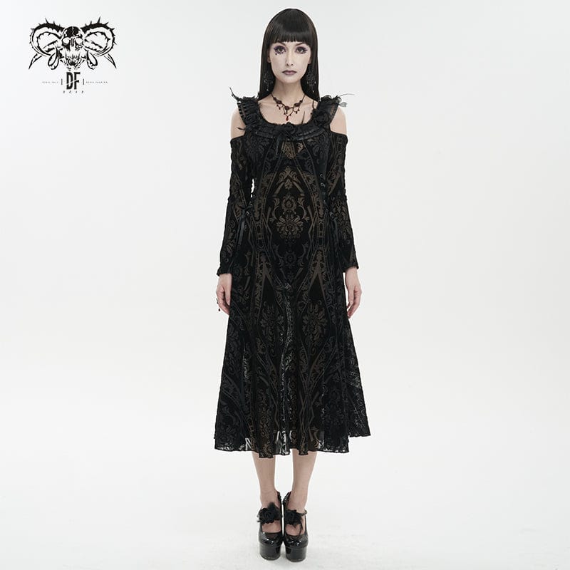DEVIL FASHION Women's Gothic Off Shoulder Ruffled Sheer Dress