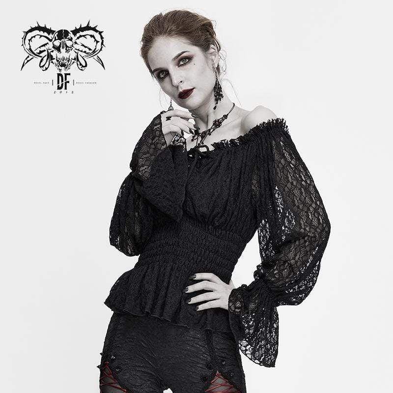 DEVIL FASHION Women's Gothic Off-shoulder Strappy Lace Sleeve Tops