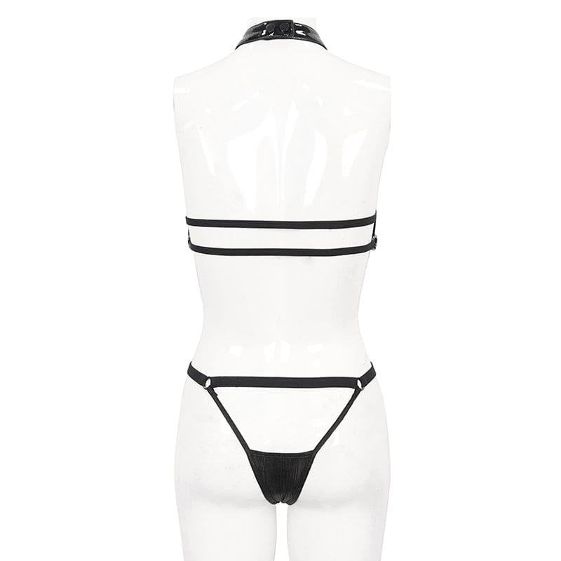 DEVIL FASHION Women's Gothic Patent Leather Splice Bustier with Lingerie