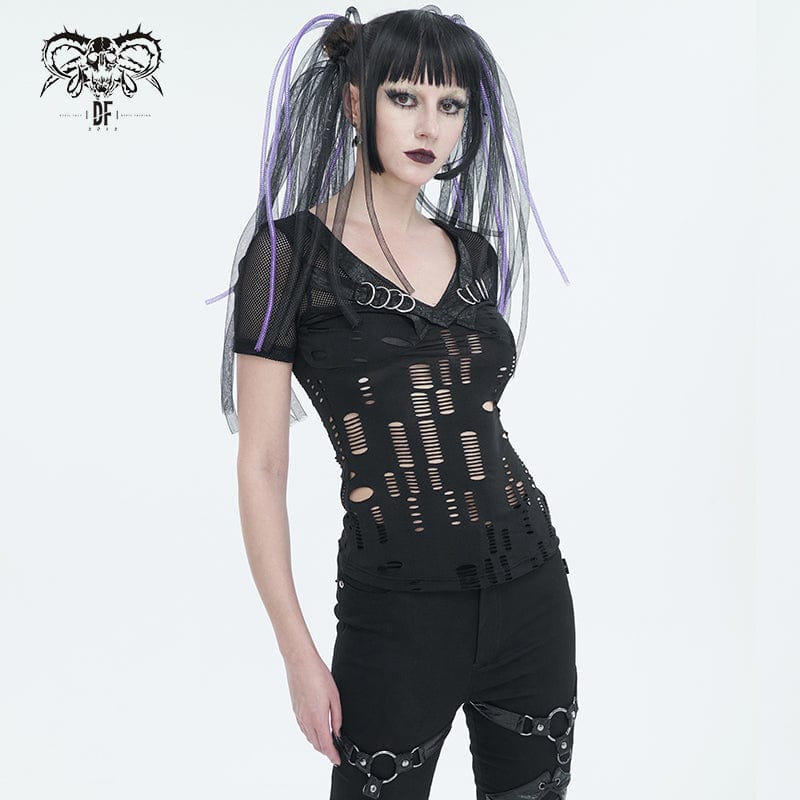 DEVIL FASHION Women's Gothic Plunging Ripped Mesh Shirt
