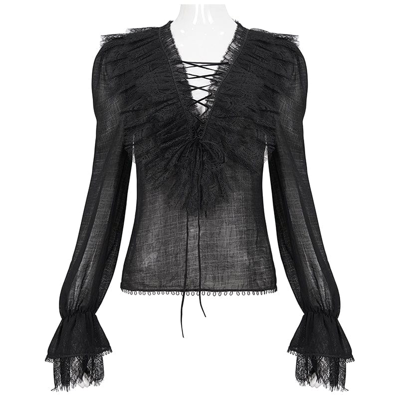 DEVIL FASHION Women's Gothic Plunging Ruffled Sheer Shirt Black