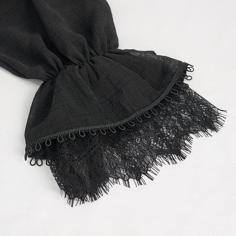 DEVIL FASHION Women's Gothic Plunging Ruffled Sheer Shirt Black