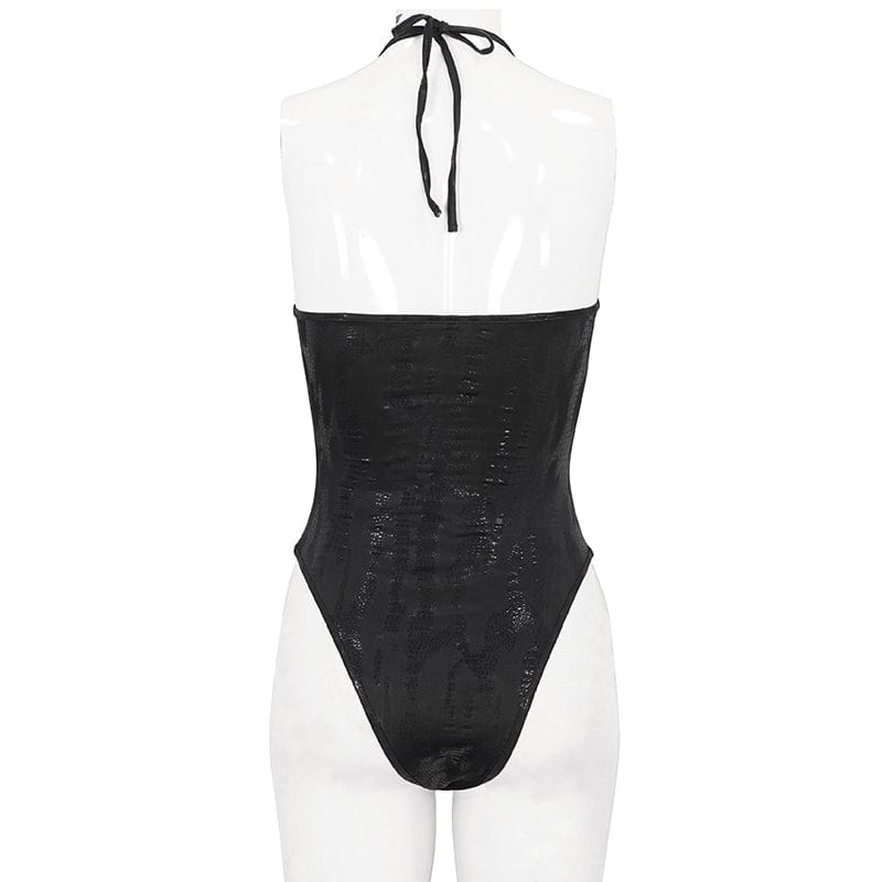 DEVIL FASHION Women's Gothic Plunging Skull Mesh Splice Swimsuit