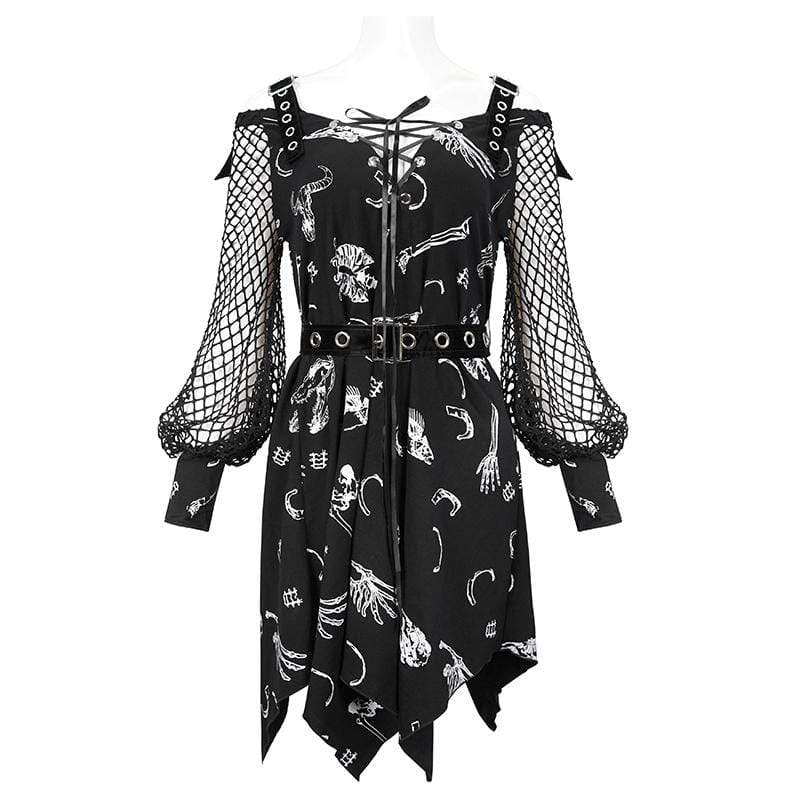 Women's Gothic Puff Sleeved Buckles Irregular Dress