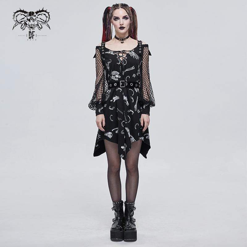 Women's Gothic Puff Sleeved Buckles Irregular Dress