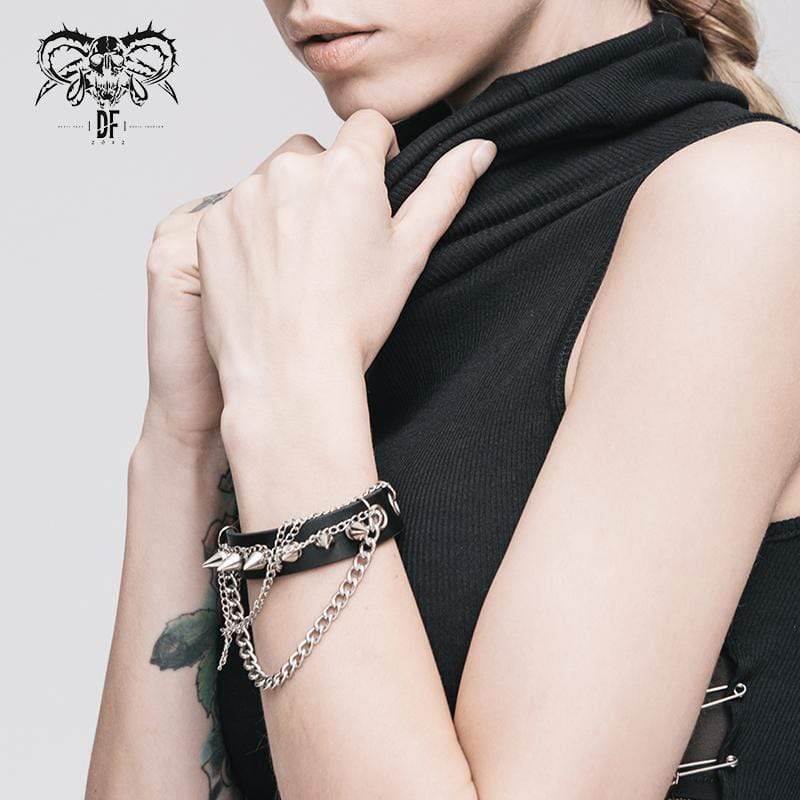 Women's Gothic Punk Black Faux Leather Chain and Studs Wristbands