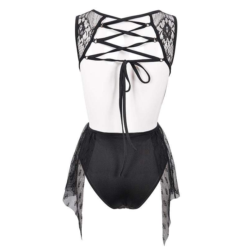 Women's Gothic Punk Black Lacy One Piece Cutout Swimsuit