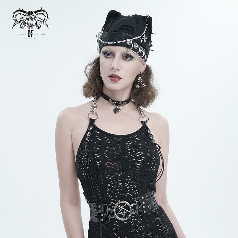 DEVIL FASHION Women's Gothic Ripped Hat with Chain