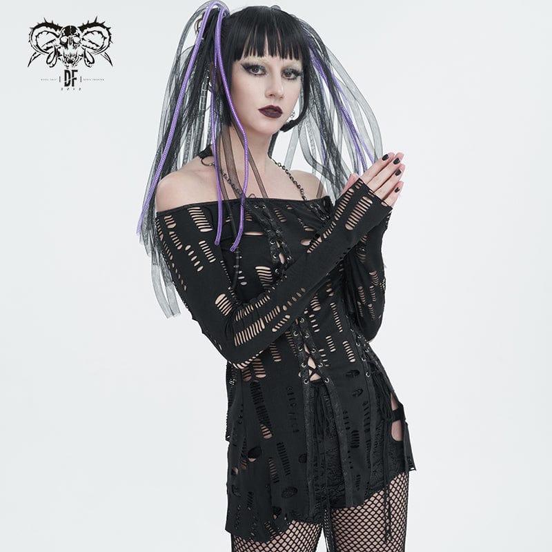 DEVIL FASHION Women's Gothic Ripped Split Halterneck Shirt