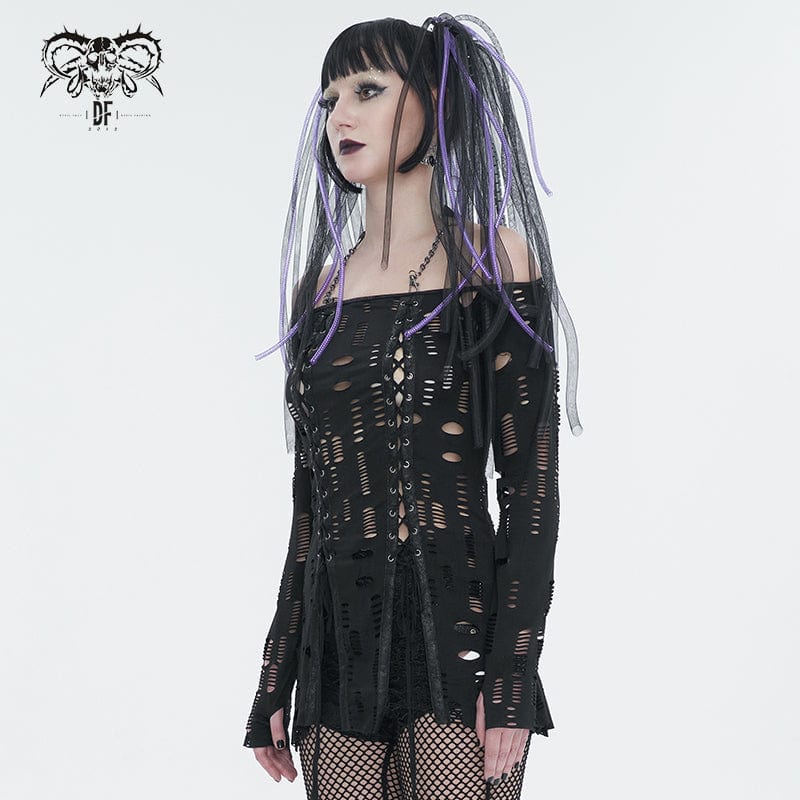 DEVIL FASHION Women's Gothic Ripped Split Halterneck Shirt