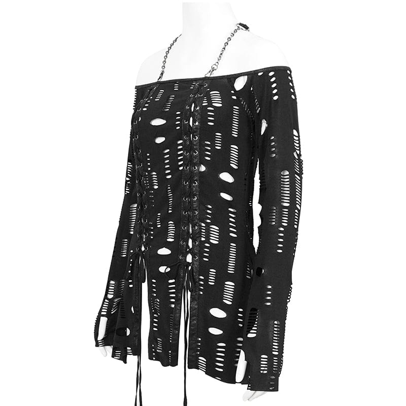 DEVIL FASHION Women's Gothic Ripped Split Halterneck Shirt