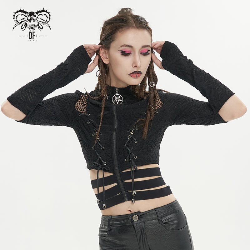 DEVIL FASHION Women's Gothic Ruched Strap Splice Mesh Shirt