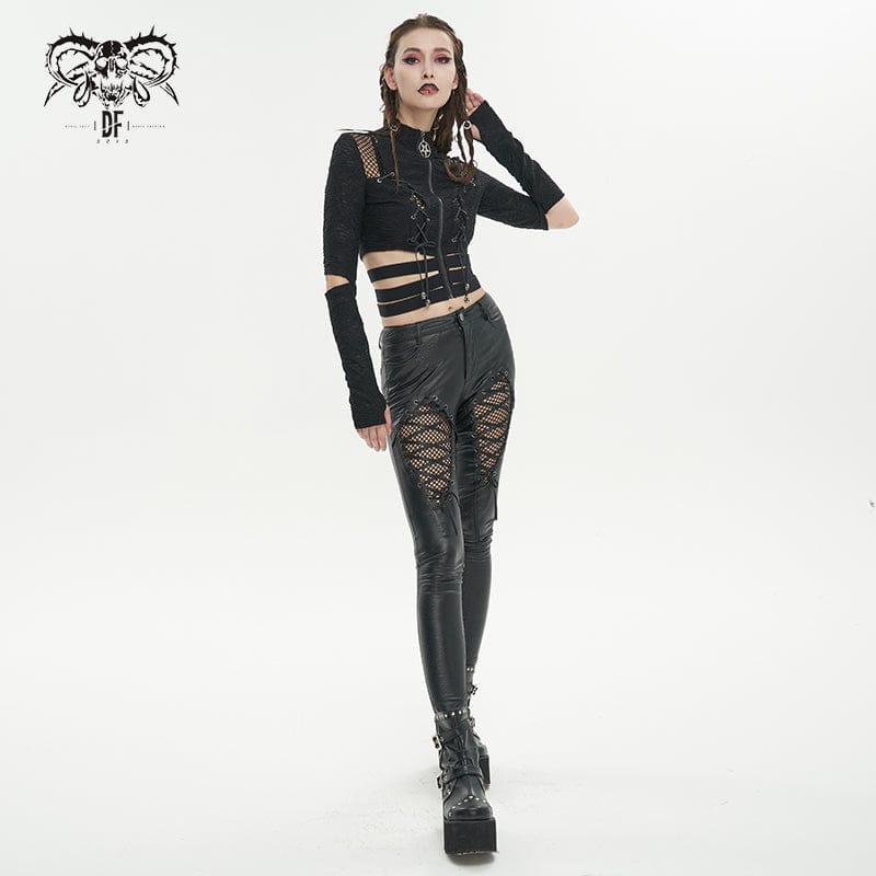 DEVIL FASHION Women's Gothic Ruched Strap Splice Mesh Shirt