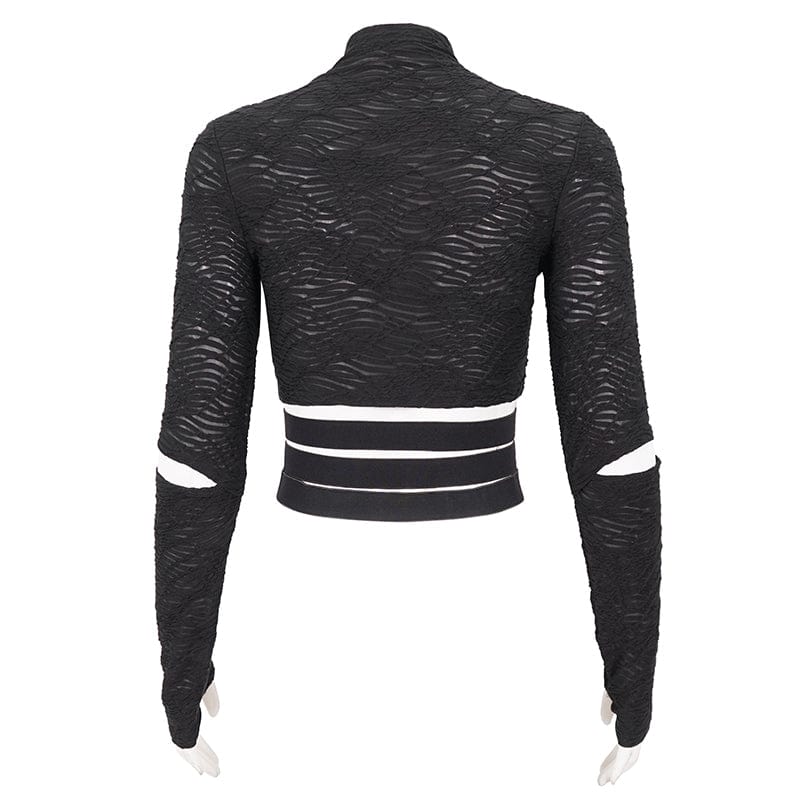 DEVIL FASHION Women's Gothic Ruched Strap Splice Mesh Shirt