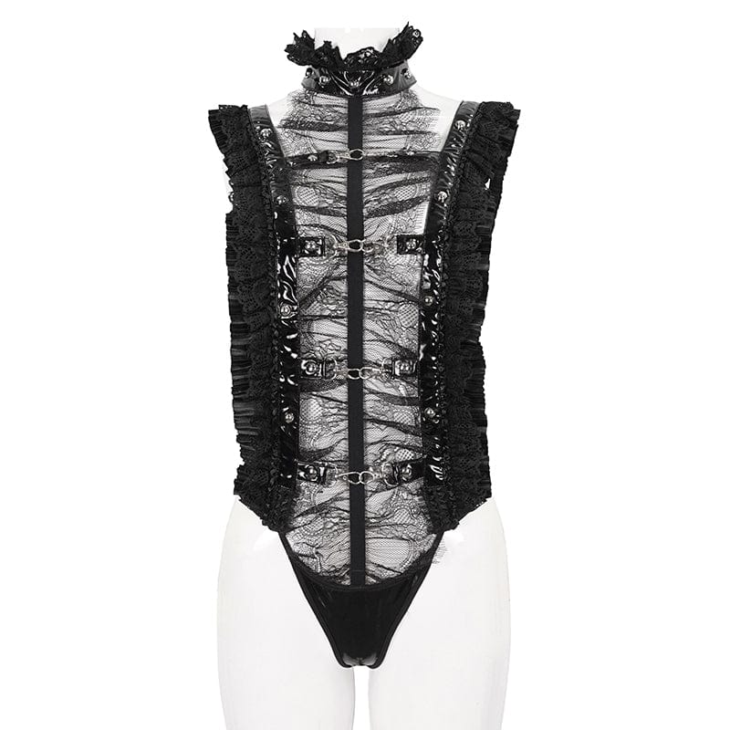 DEVIL FASHION Women's Gothic Ruffled Lace Lingerie Bodysuit