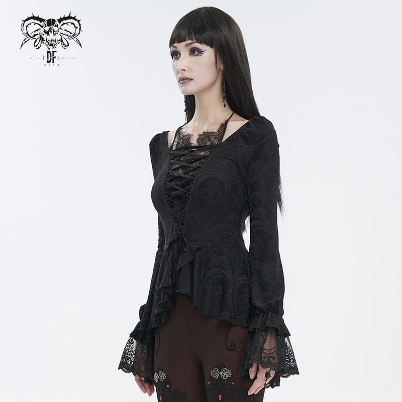 DEVIL FASHION Women's Gothic Ruffled Lace Splice Shirt