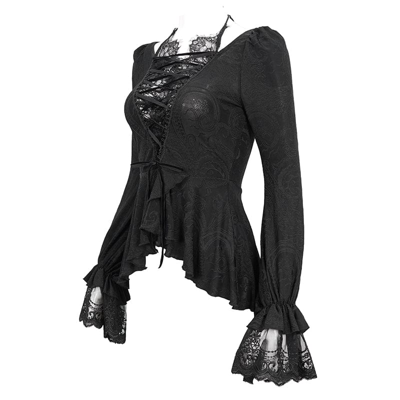 DEVIL FASHION Women's Gothic Ruffled Lace Splice Shirt