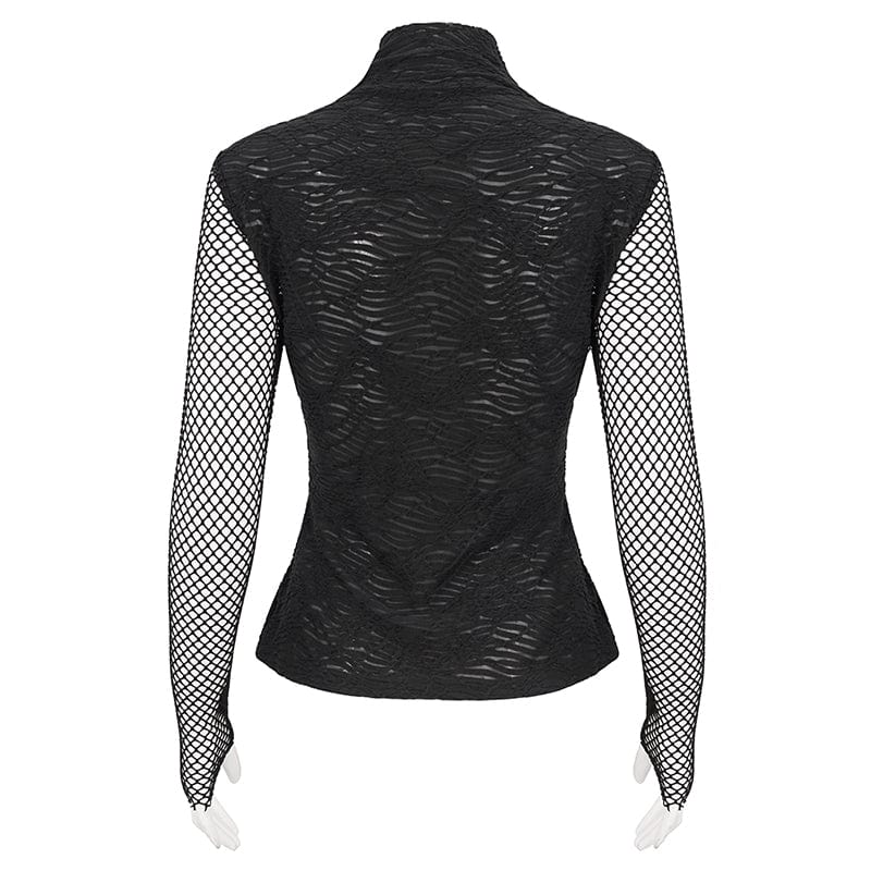 DEVIL FASHION Women's Gothic Skulls Mesh Splice Shirt