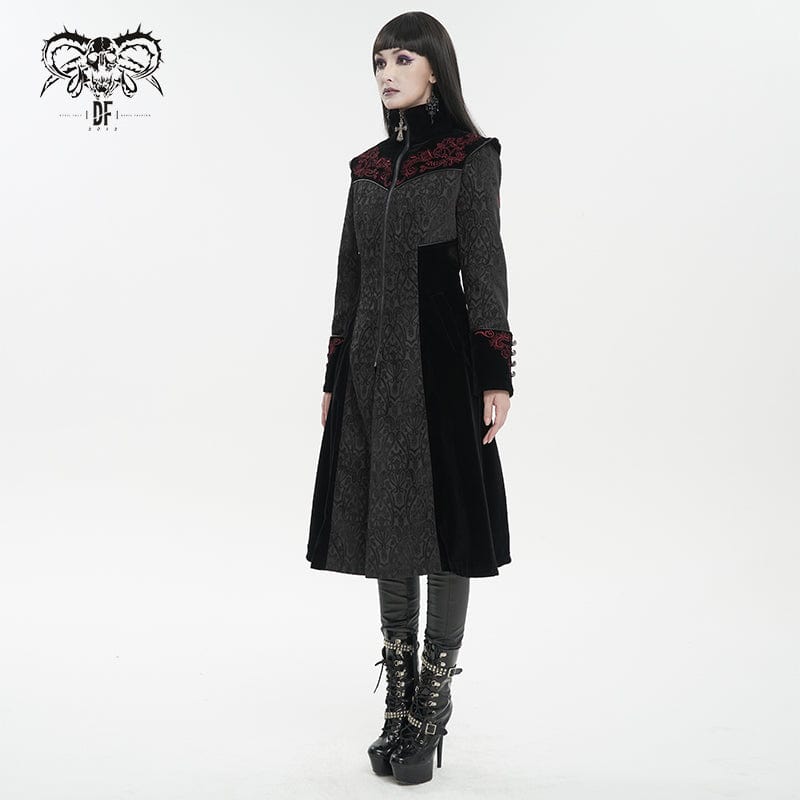 DEVIL FASHION Women's Gothic Stand Collar Floral Embroidered Coat Black
