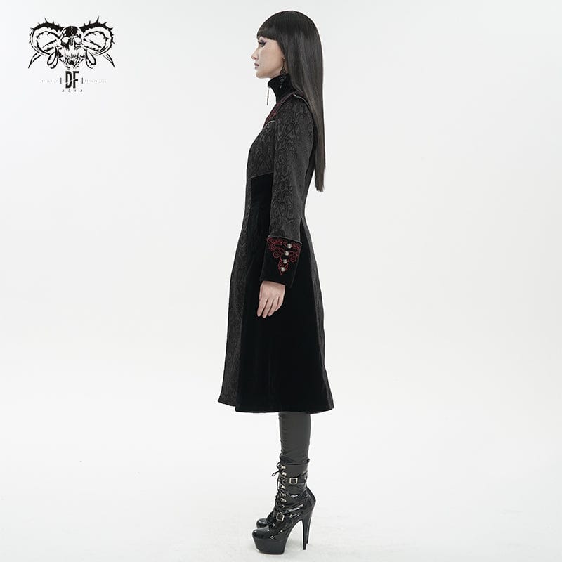 DEVIL FASHION Women's Gothic Stand Collar Floral Embroidered Coat Black