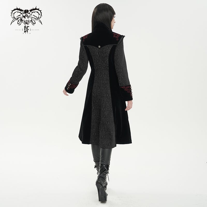 DEVIL FASHION Women's Gothic Stand Collar Floral Embroidered Coat Black