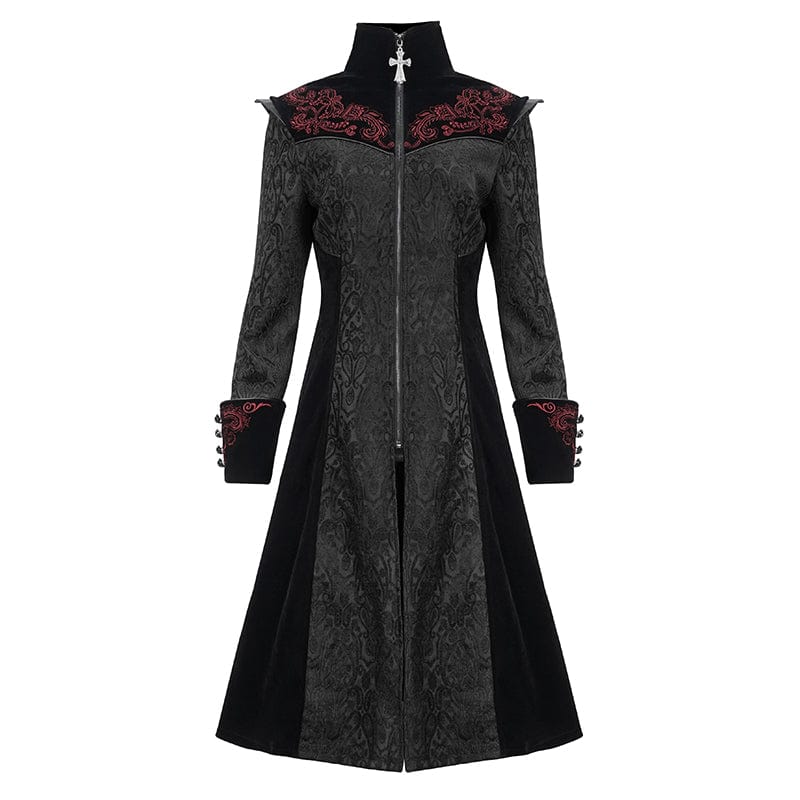 DEVIL FASHION Women's Gothic Stand Collar Floral Embroidered Coat Black