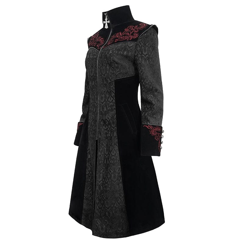 DEVIL FASHION Women's Gothic Stand Collar Floral Embroidered Coat Black