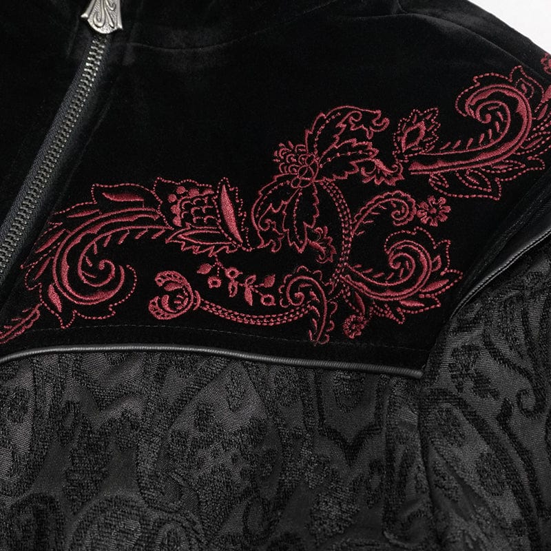 DEVIL FASHION Women's Gothic Stand Collar Floral Embroidered Coat Black