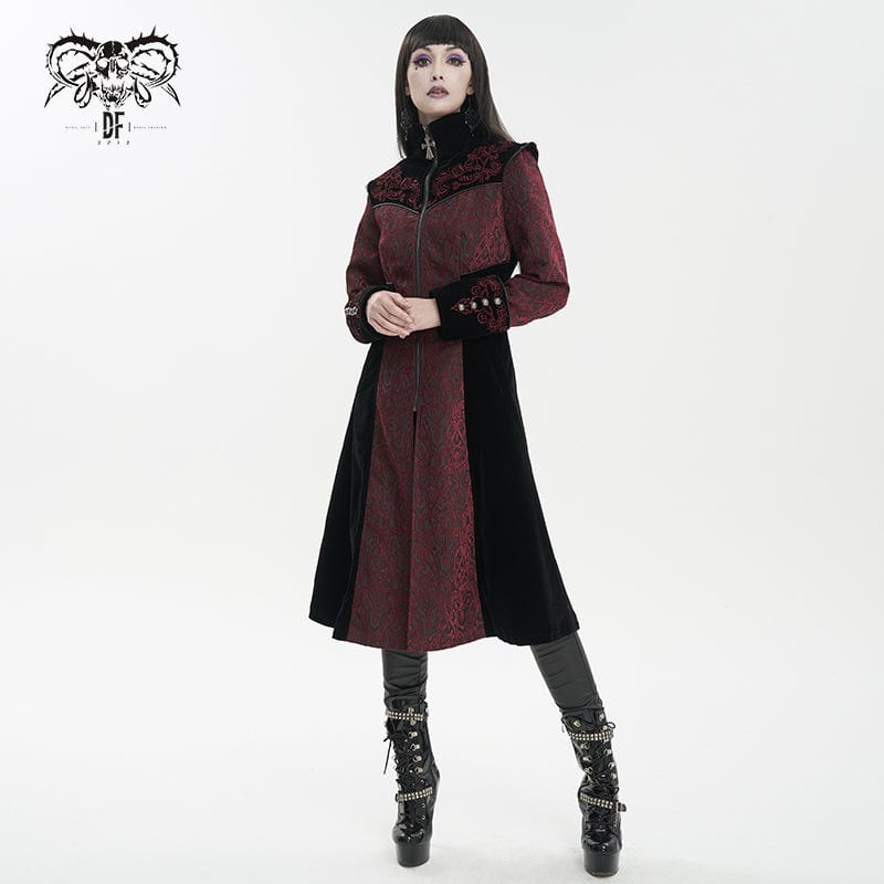 DEVIL FASHION Women's Gothic Stand Collar Floral Embroidered Coat Red
