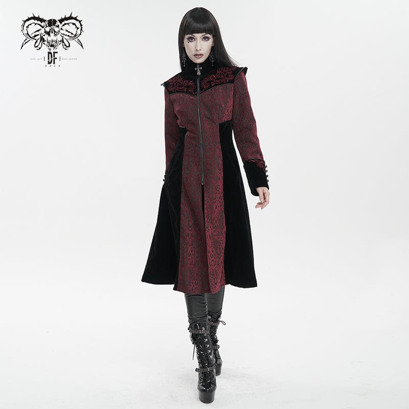 DEVIL FASHION Women's Gothic Stand Collar Floral Embroidered Coat Red