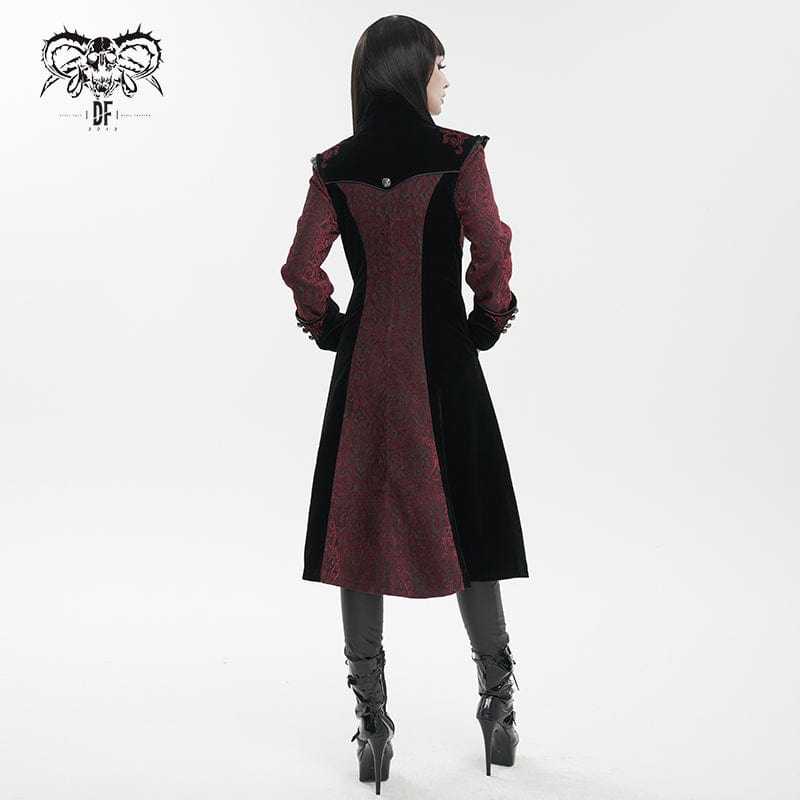 DEVIL FASHION Women's Gothic Stand Collar Floral Embroidered Coat Red