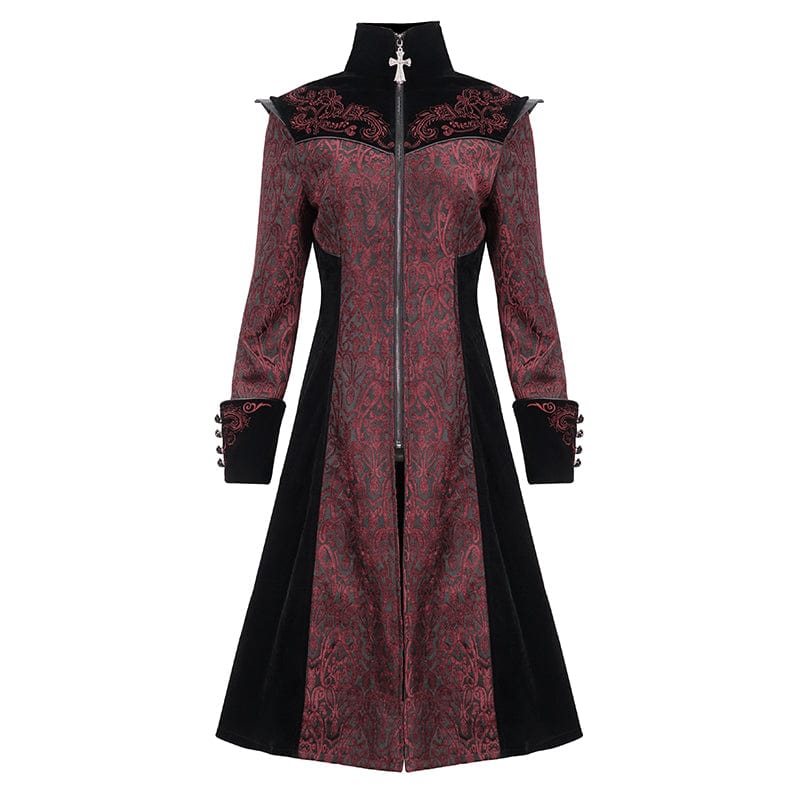DEVIL FASHION Women's Gothic Stand Collar Floral Embroidered Coat Red