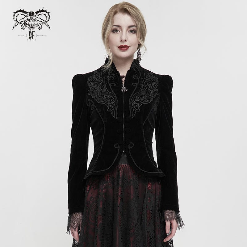 DEVIL FASHION Women's Gothic Stand Collar Floral Embroidered Jacket
