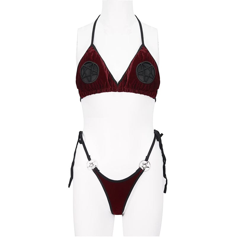 DEVIL FASHION Women's Gothic Star Tie Side Bikini Wine Red