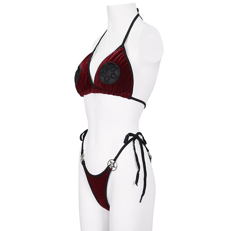 DEVIL FASHION Women's Gothic Star Tie Side Bikini Wine Red