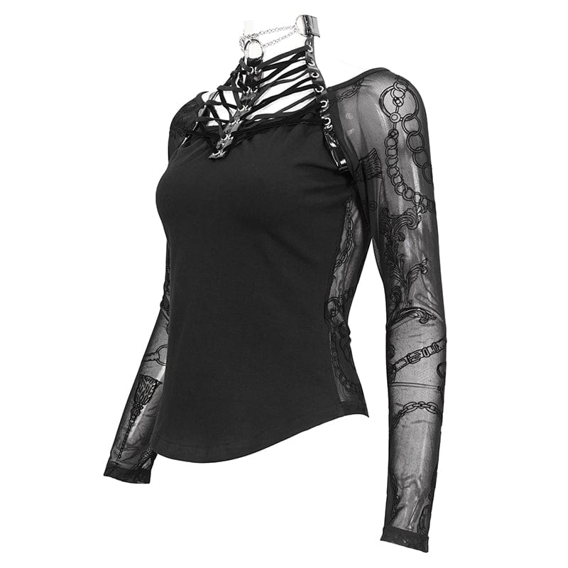 DEVIL FASHION Women's Gothic Strappy Halterneck Mesh Shirt