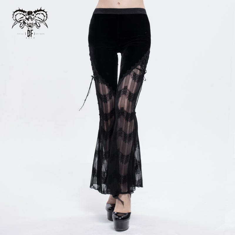 DEVIL FASHION Women's Gothic Strappy Lace Splice Flared Leggings