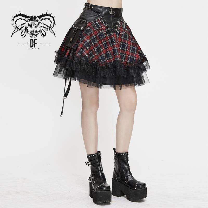 DEVIL FASHION Women's Gothic Strappy Mesh Plaid Skirts With Chains