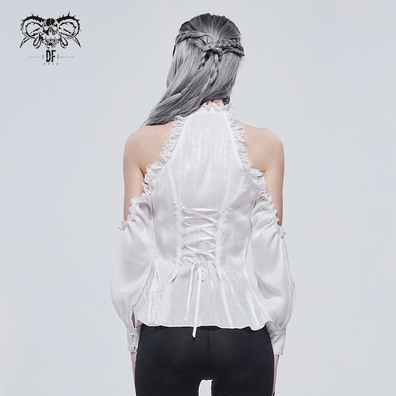 DEVIL FASHION Women's Gothic Strappy Off Shoulder Lace Hem White Shirt