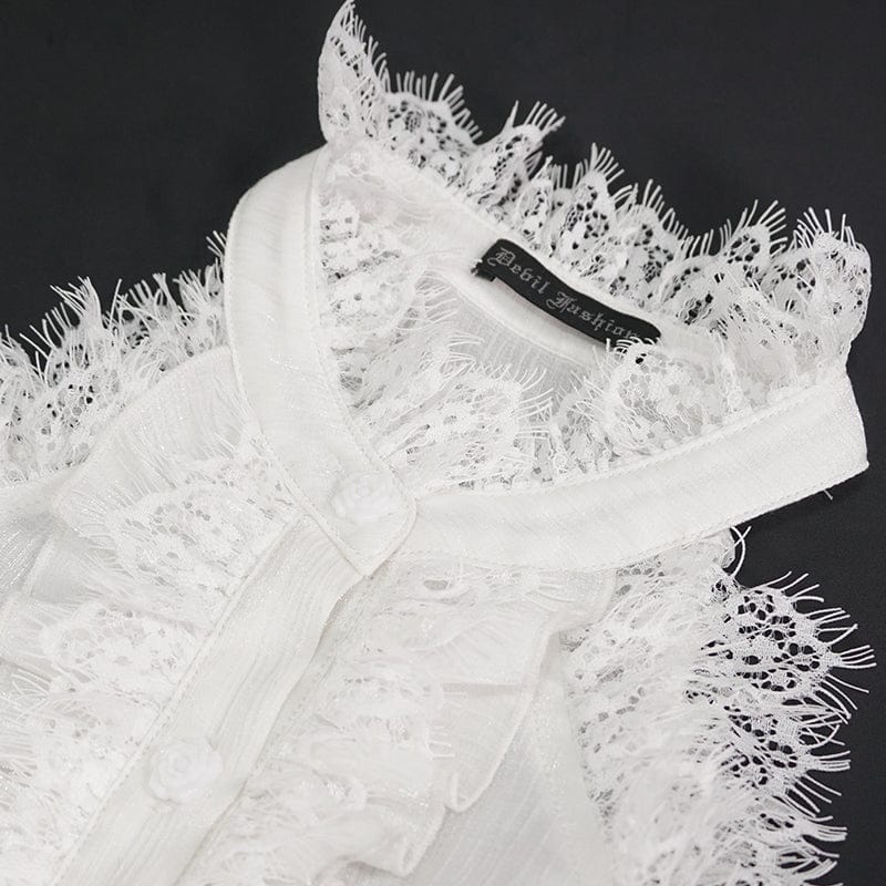 DEVIL FASHION Women's Gothic Strappy Off Shoulder Lace Hem White Shirt