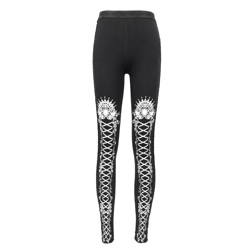 DEVIL FASHION Women's Gothic Strappy Printed Leggings White