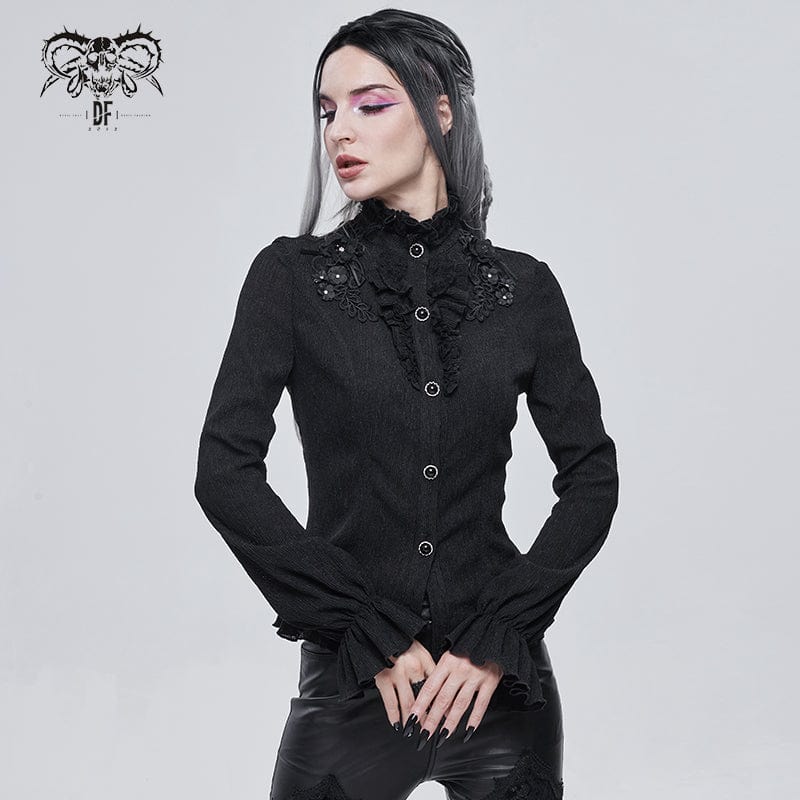 DEVIL FASHION Women's Gothic Strappy Puff Sleeved Ruched Black Shirt