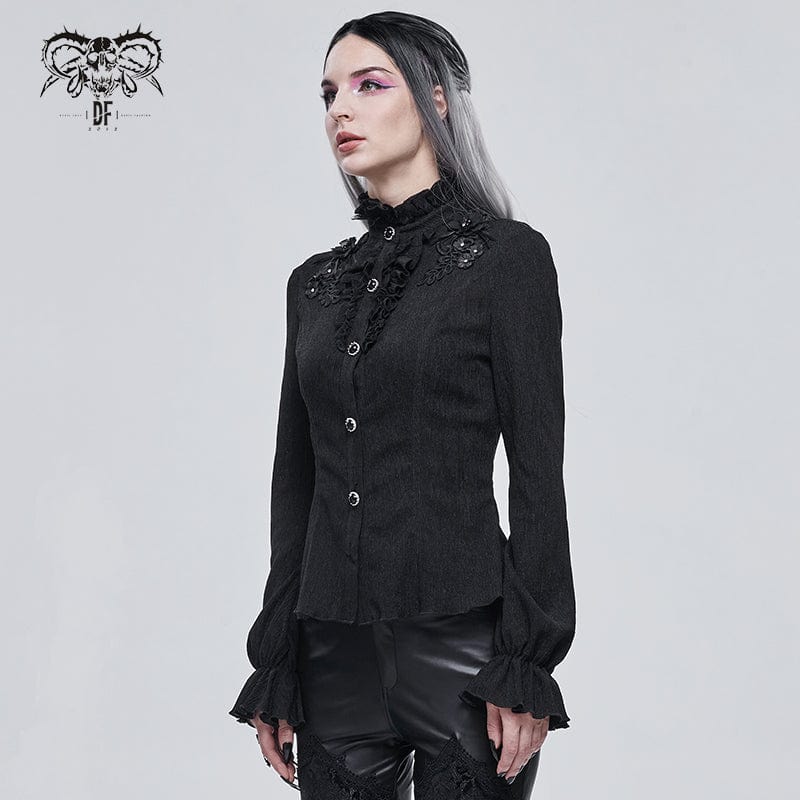 DEVIL FASHION Women's Gothic Strappy Puff Sleeved Ruched Black Shirt