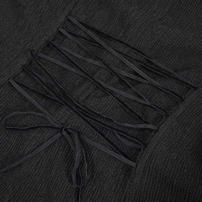 DEVIL FASHION Women's Gothic Strappy Puff Sleeved Ruched Black Shirt