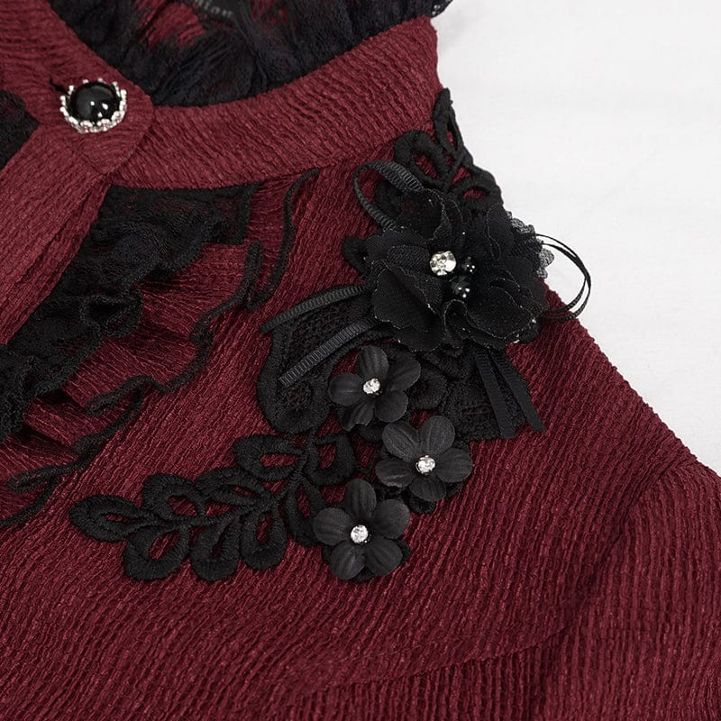 DEVIL FASHION Women's Gothic Strappy Puff Sleeved Ruched Red Shirt