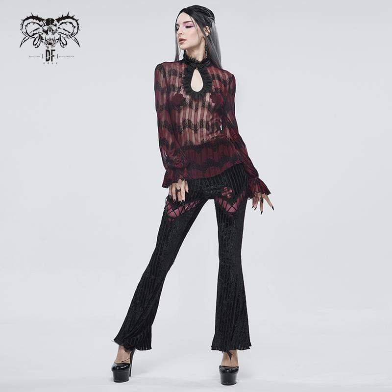 DEVIL FASHION Women's Gothic Strappy Splice Ribbed Flared Pants