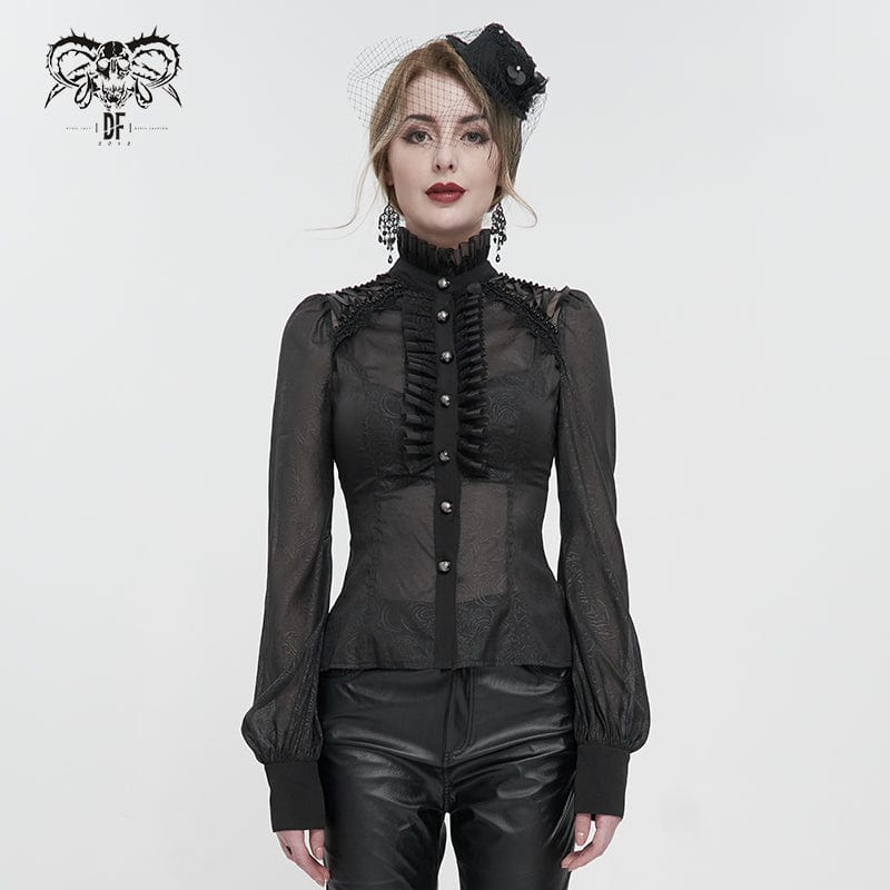 DEVIL FASHION Women's Gothic Strappy Stand Collar Ruffled Shirt